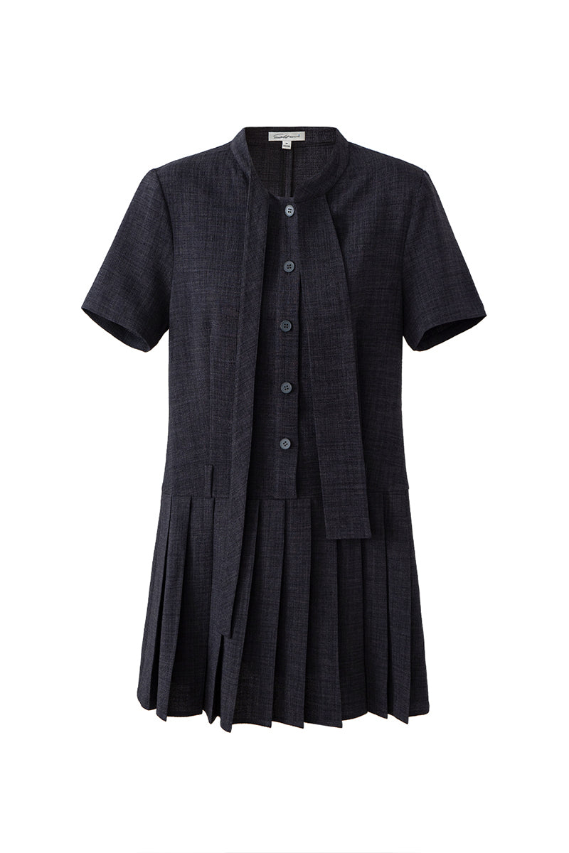 SELFWHO Faux Linen Dark Grey Floating Neck Dress