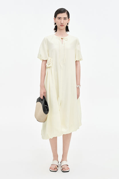 SELFWHO Acetate Blend French Puff Sleeve Ribbon Dress