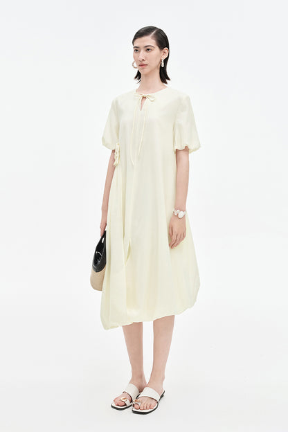 SELFWHO Acetate Blend French Puff Sleeve Ribbon Dress