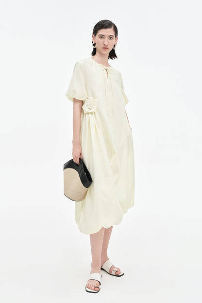 SELFWHO Acetate Blend French Puff Sleeve Ribbon Dress