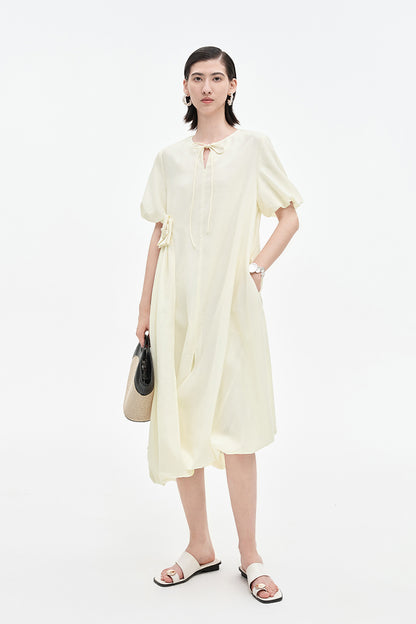SELFWHO Acetate Blend French Puff Sleeve Ribbon Dress