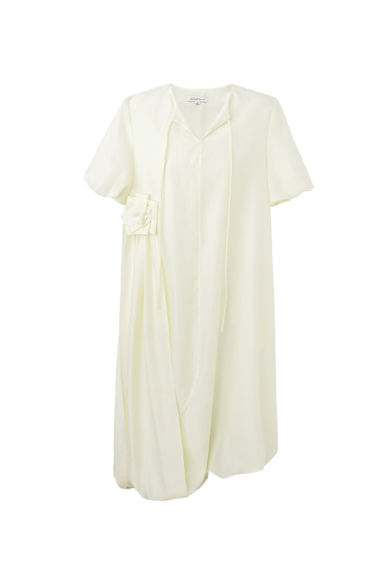 SELFWHO Acetate Blend French Puff Sleeve Ribbon Dress