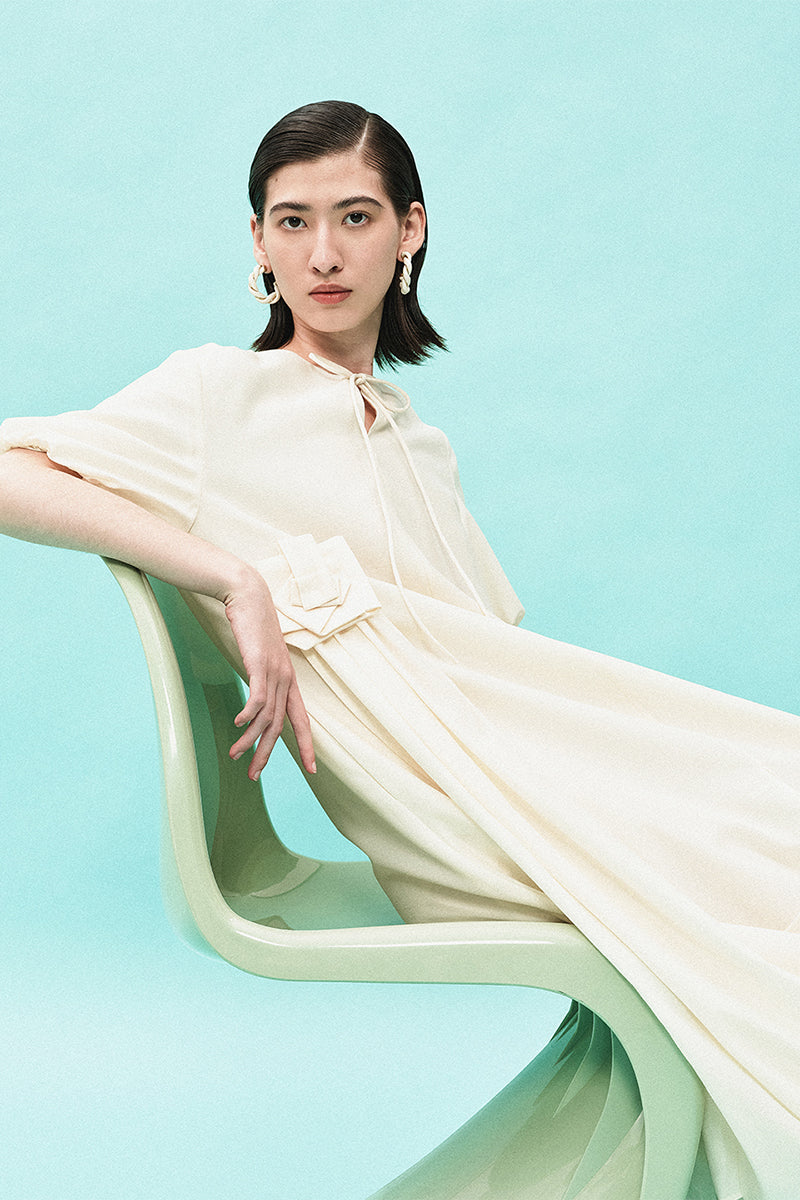 SELFWHO Acetate Blend French Puff Sleeve Ribbon Dress