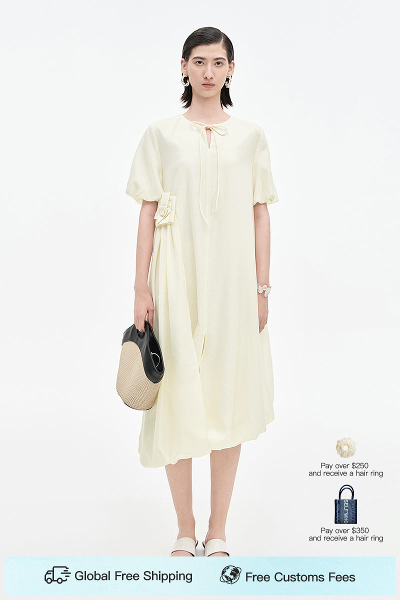 SELFWHO Acetate Blend French Puff Sleeve Ribbon Dress