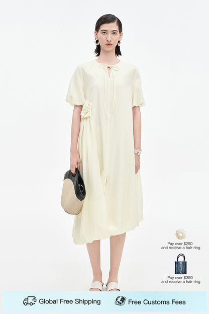 SELFWHO Acetate Blend French Puff Sleeve Ribbon Dress