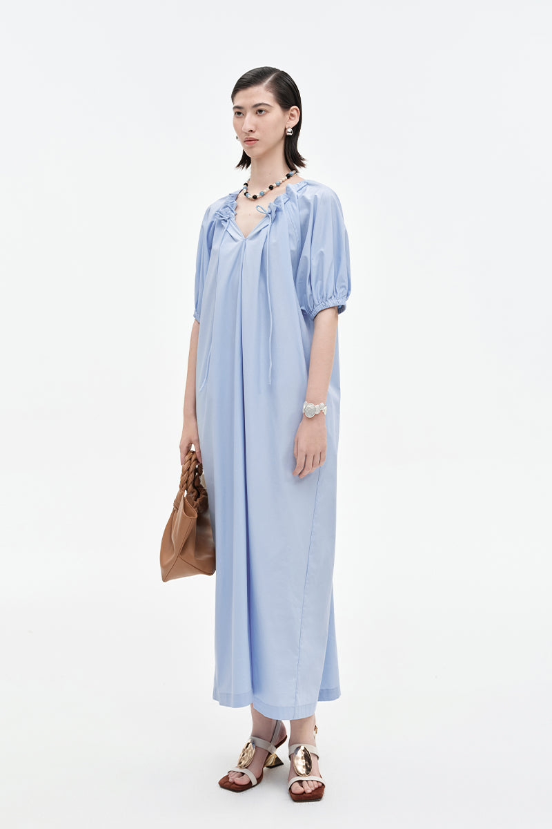 SELFWHO Lyocell Cotton Blend Puff Sleeve Dress