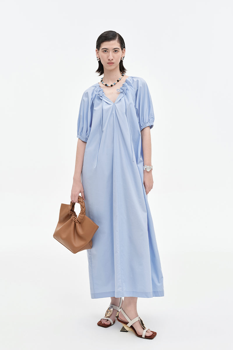 SELFWHO Lyocell Cotton Blend Puff Sleeve Dress