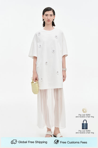 SELFWHO Acetate Blend Woven Patchwork Dress
