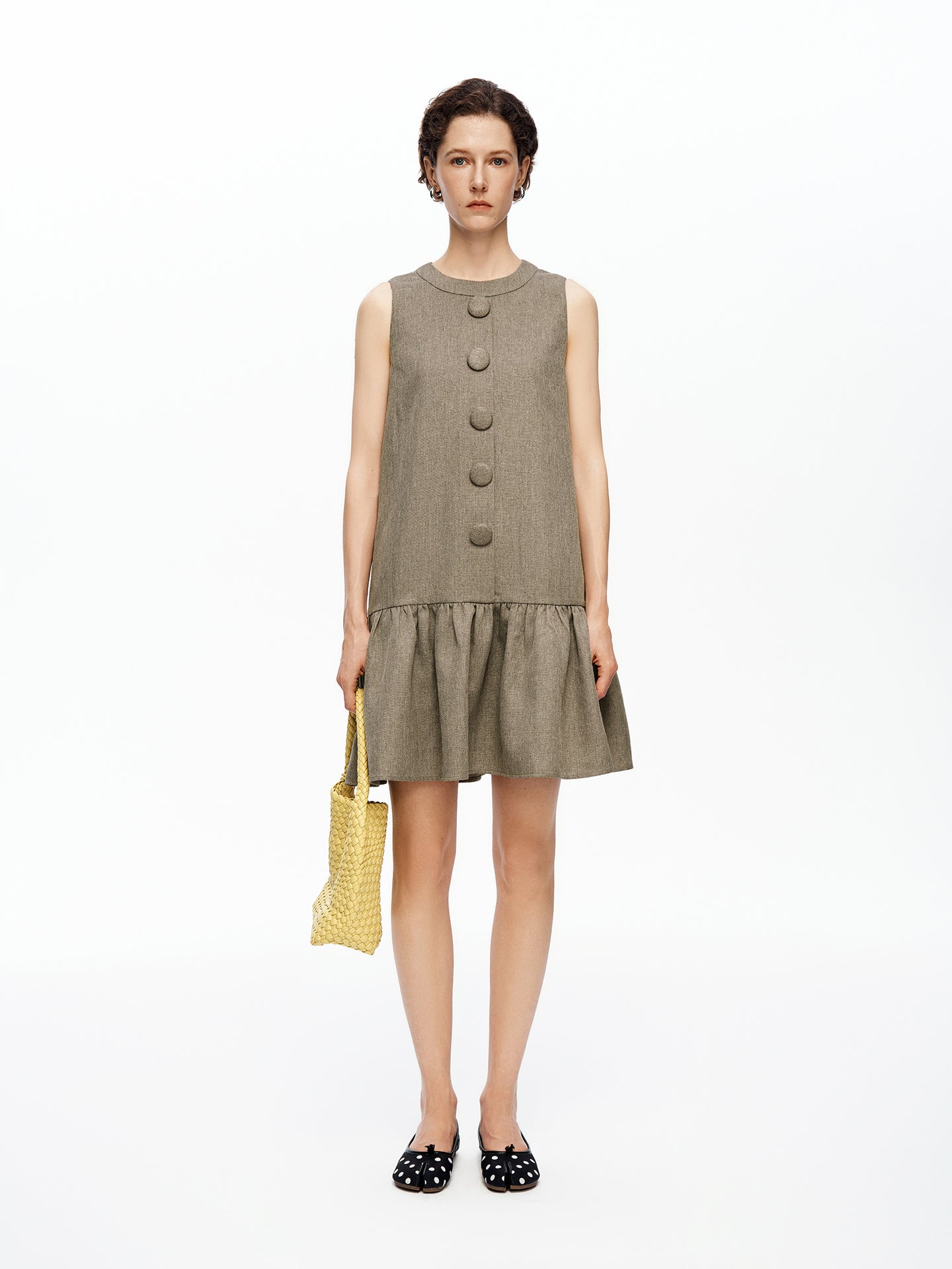 Imported Sleeveless Round-Neck Dress with Linen-Like Texture