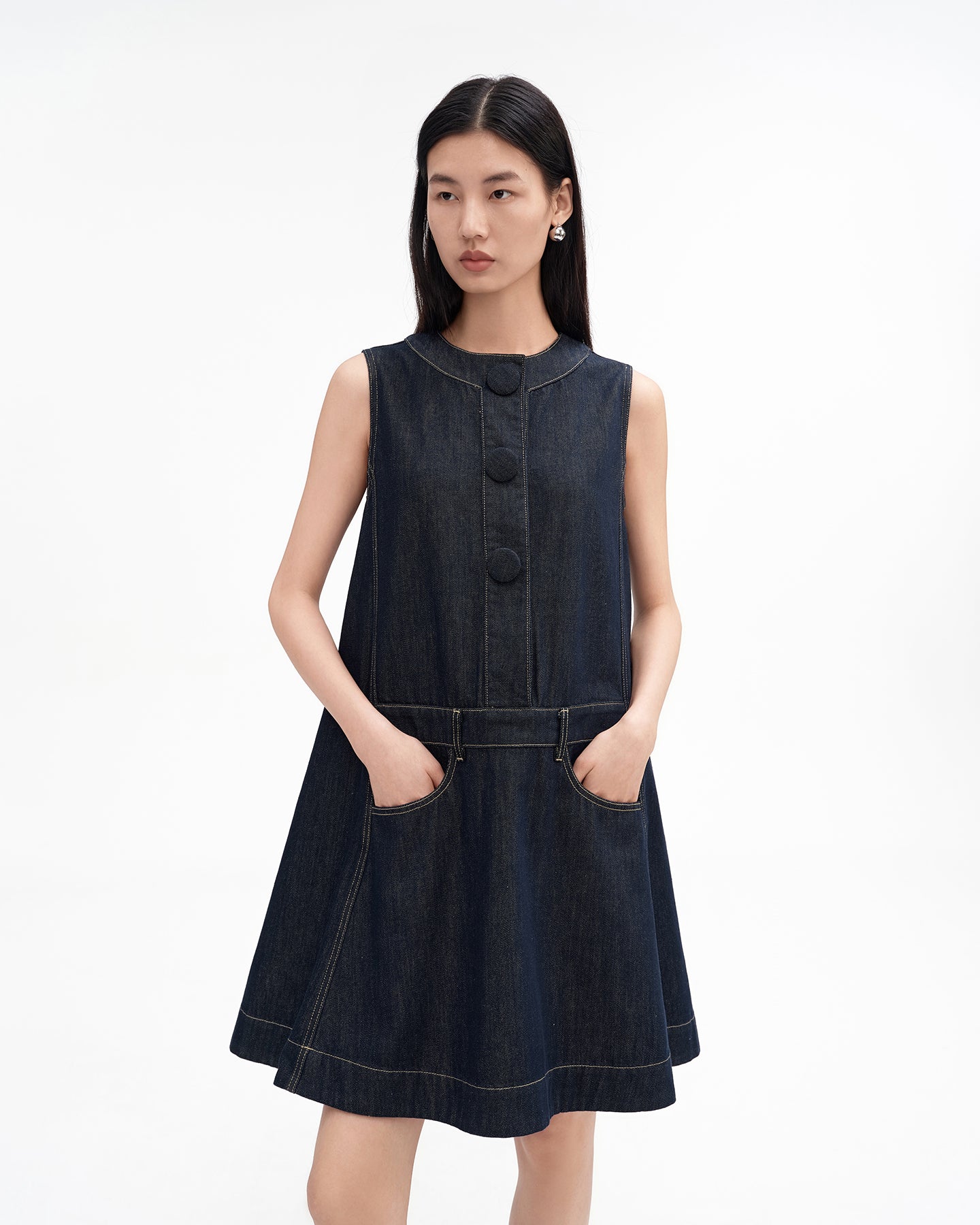 Retro Raw Denim-Style Sleeveless Dress