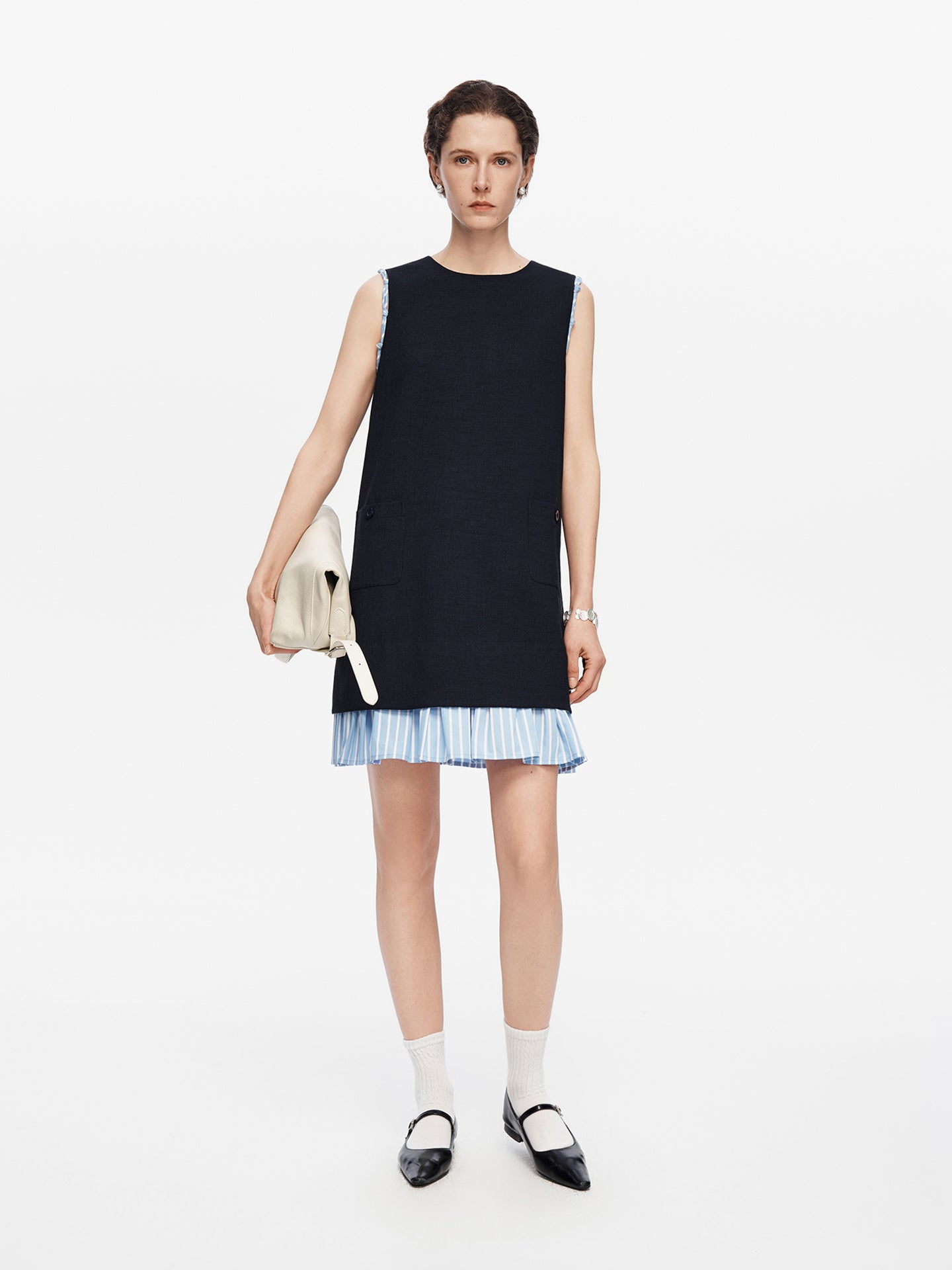 Acetate-Blend Color-Block Striped Patchwork Dress