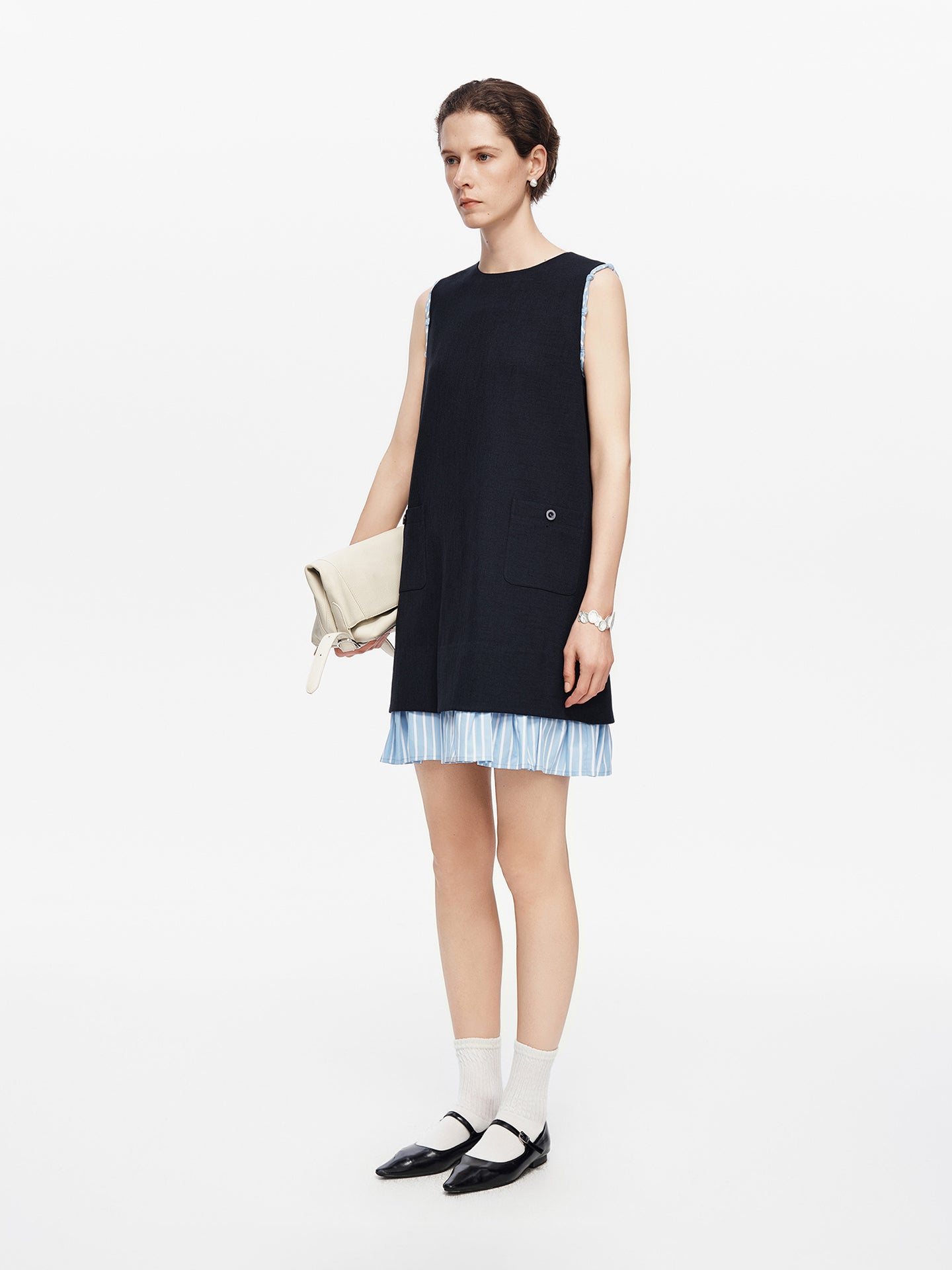 Acetate-Blend Color-Block Striped Patchwork Dress