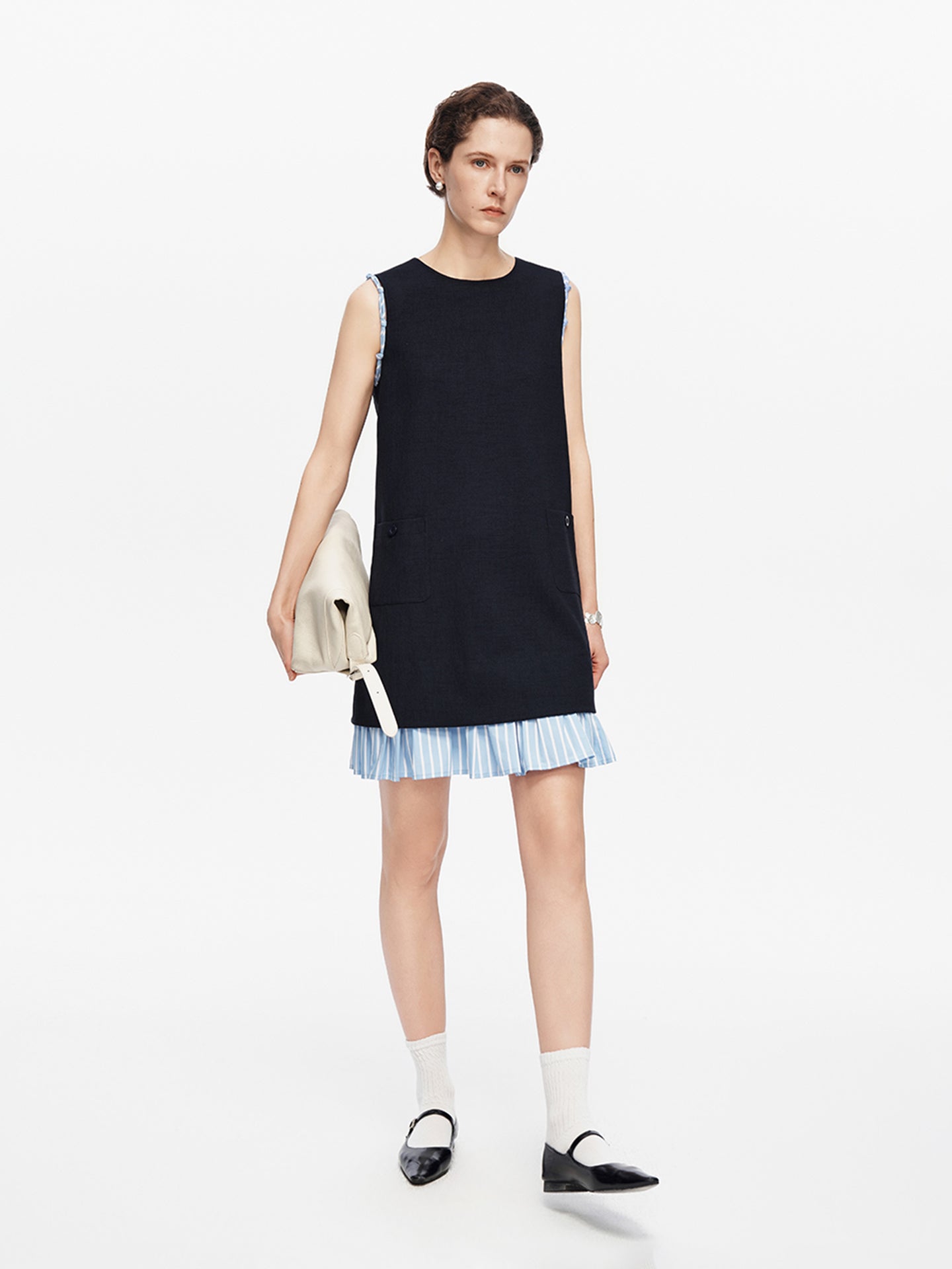 Acetate-Blend Color-Block Striped Patchwork Dress