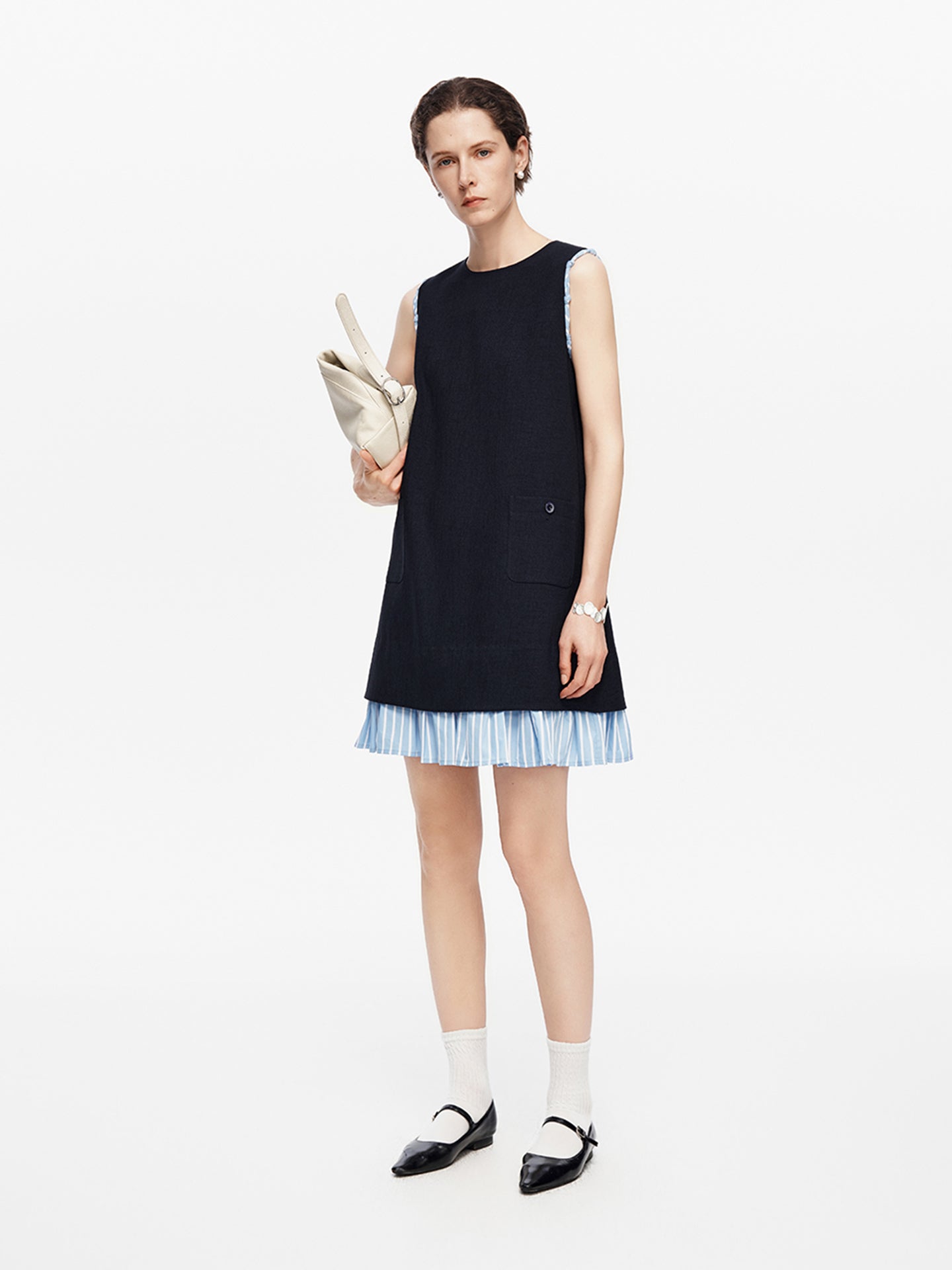 Acetate-Blend Color-Block Striped Patchwork Dress