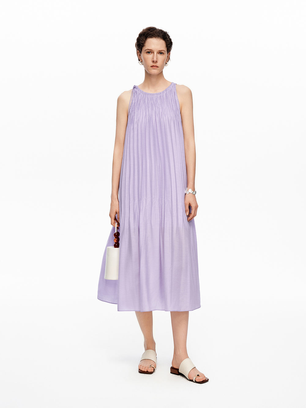 Acetate-Blend French Pleated Sleeveless Slip Dress