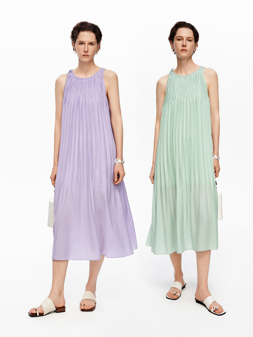 Acetate-Blend French Pleated Sleeveless Slip Dress