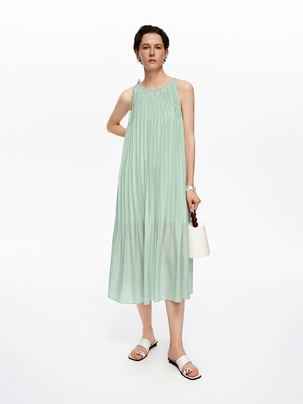 Acetate-Blend French Pleated Sleeveless Slip Dress