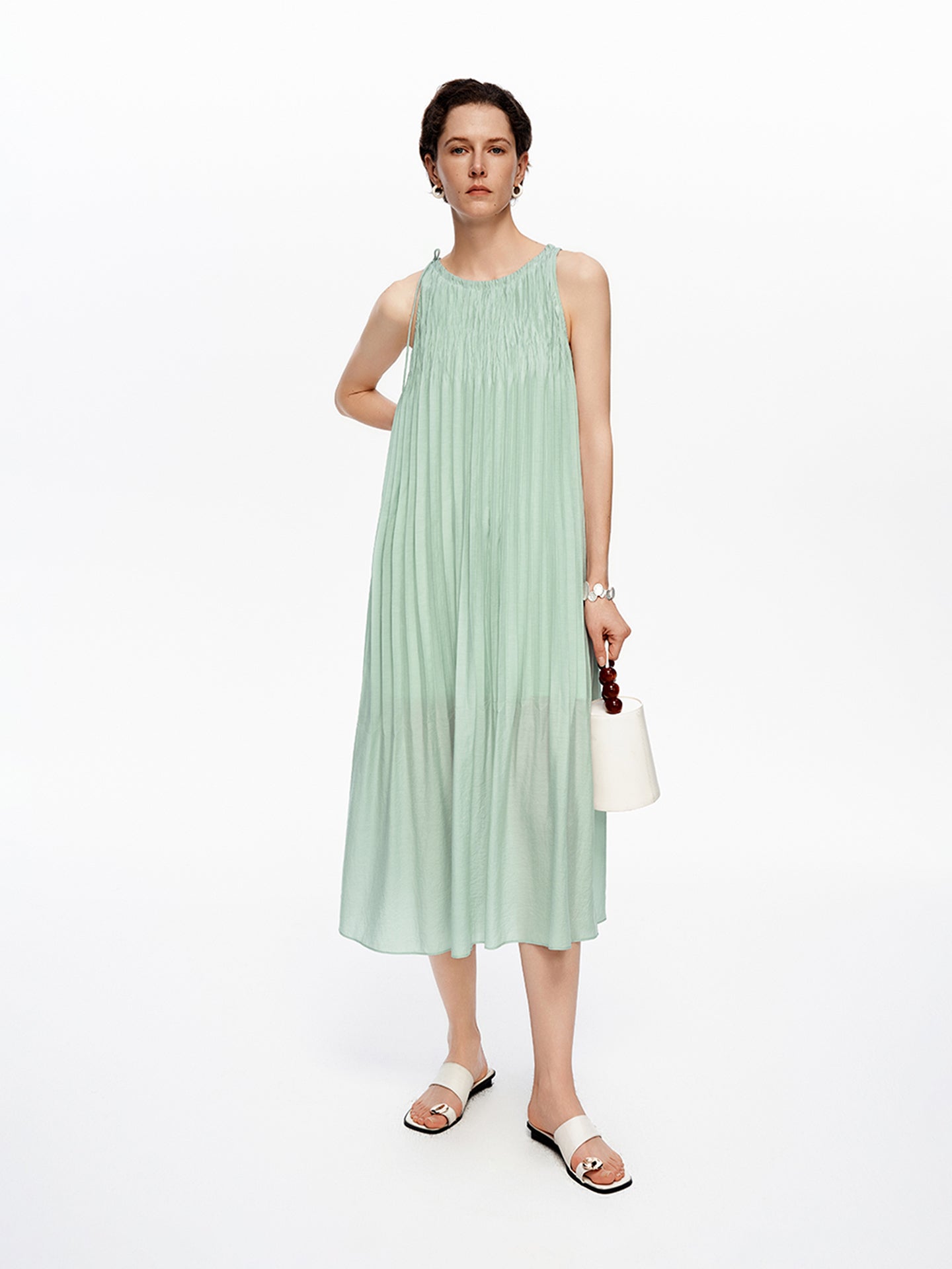 Acetate-Blend French Pleated Sleeveless Slip Dress