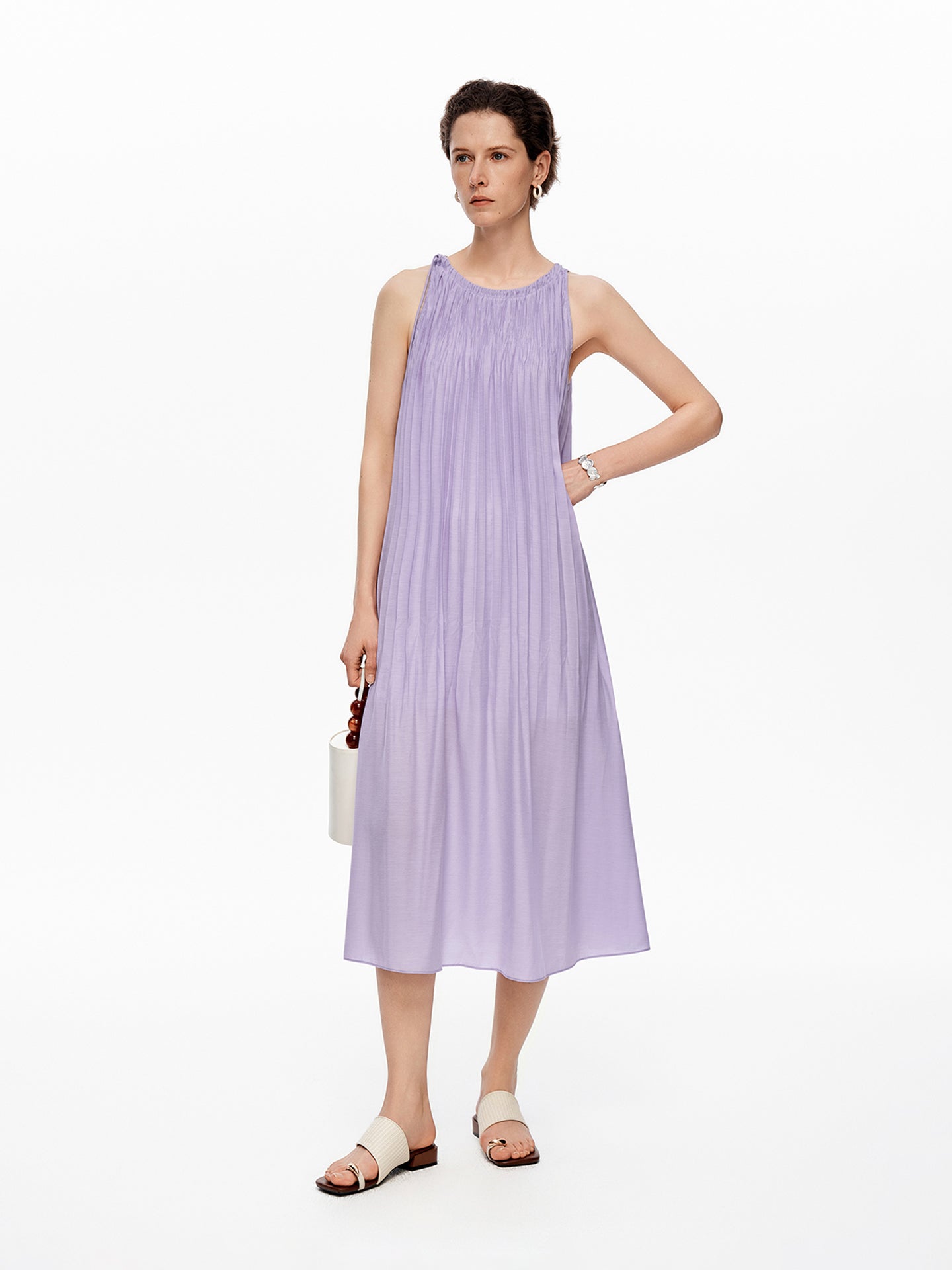 Acetate-Blend French Pleated Sleeveless Slip Dress