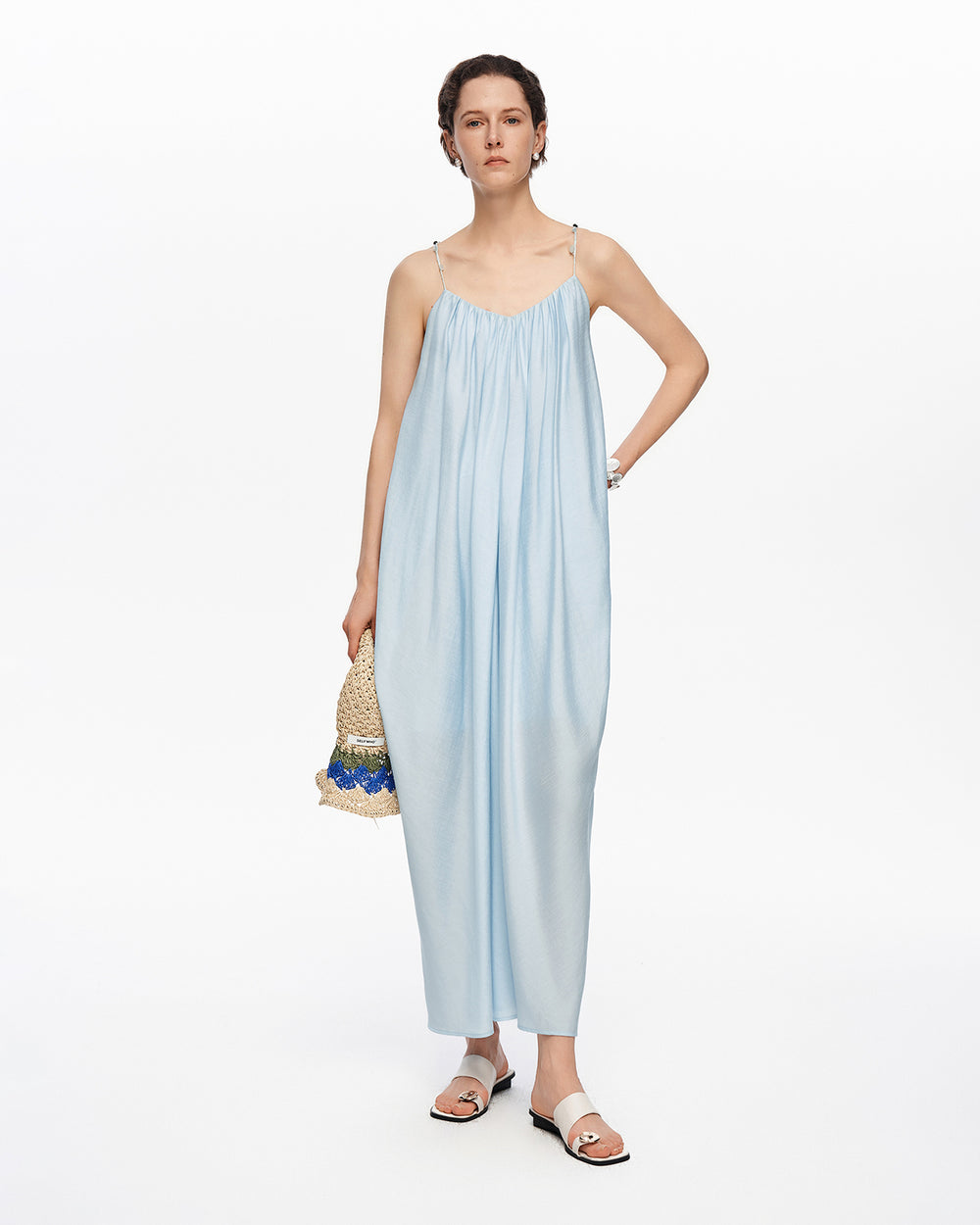 Colored stone woven U-neck camisole dress