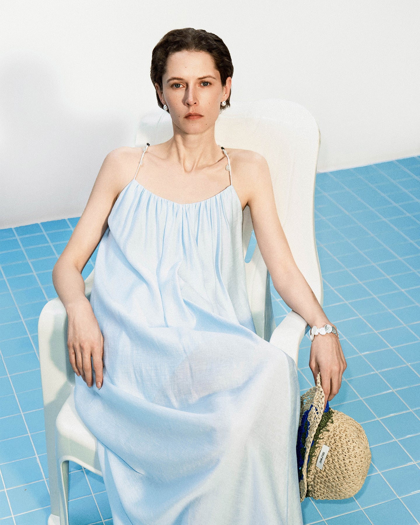 Colored stone woven U-neck camisole dress