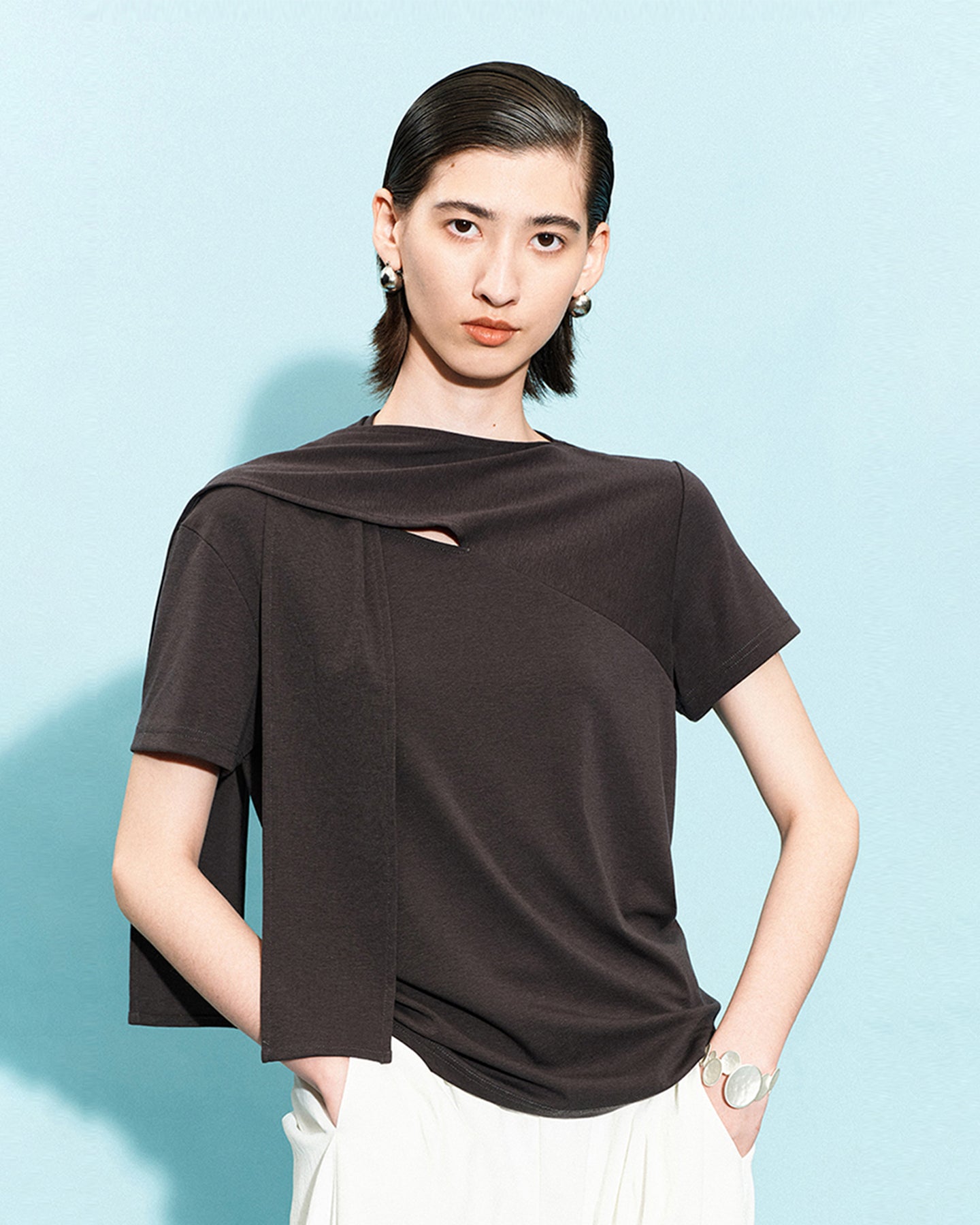Lyocell Cotton Scarf Collar Top