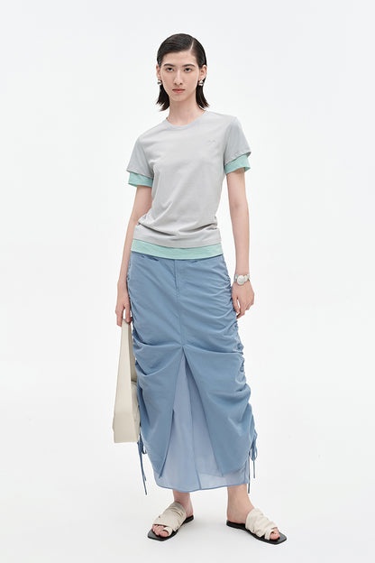 SELFWHO cotton blend contrast color fake two-piece short-sleeved T-shirt