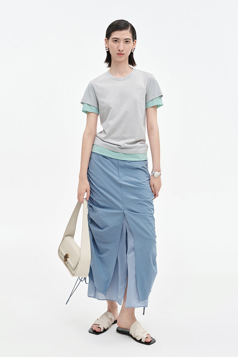 SELFWHO cotton blend contrast color fake two-piece short-sleeved T-shirt