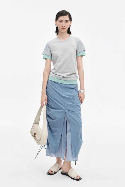 SELFWHO cotton blend contrast color fake two-piece short-sleeved T-shirt