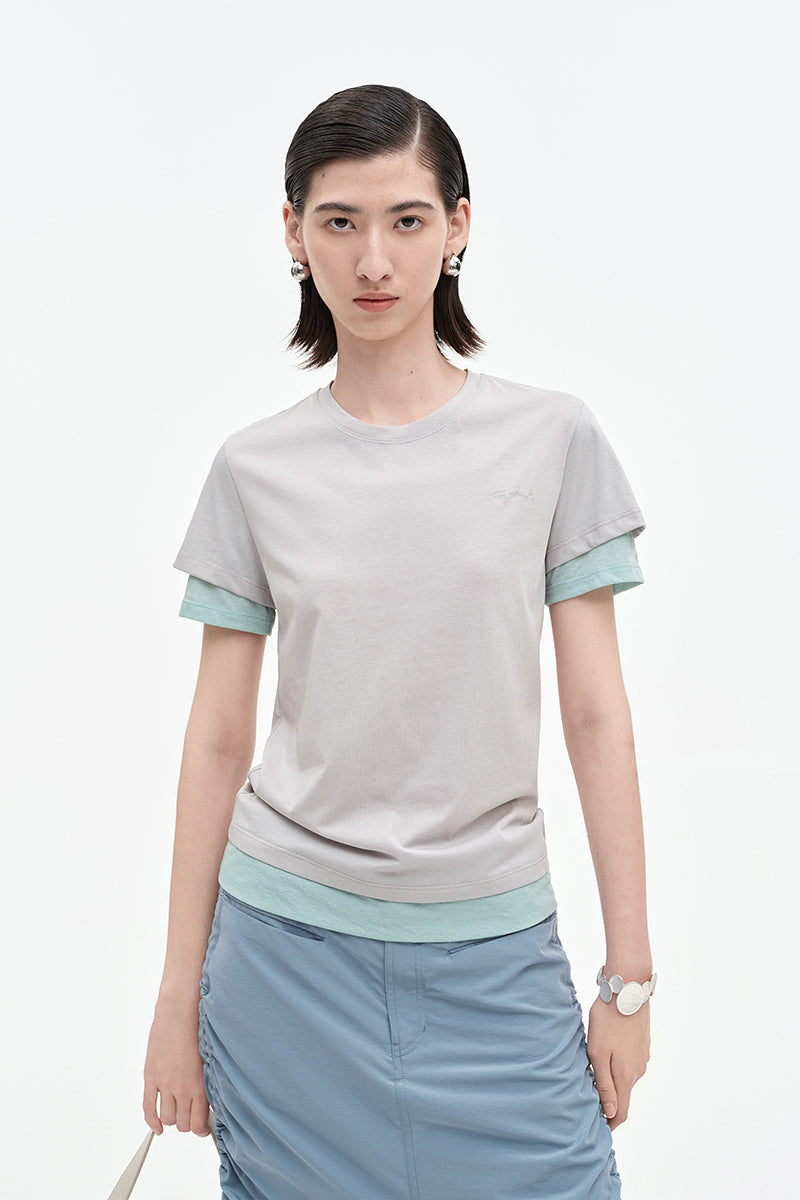 Cotton blend contrast color fake two-piece short-sleeved T-shirt