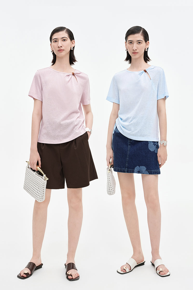 SELFWHO Lyocell Linen Blended Chinese Twist Short Sleeve