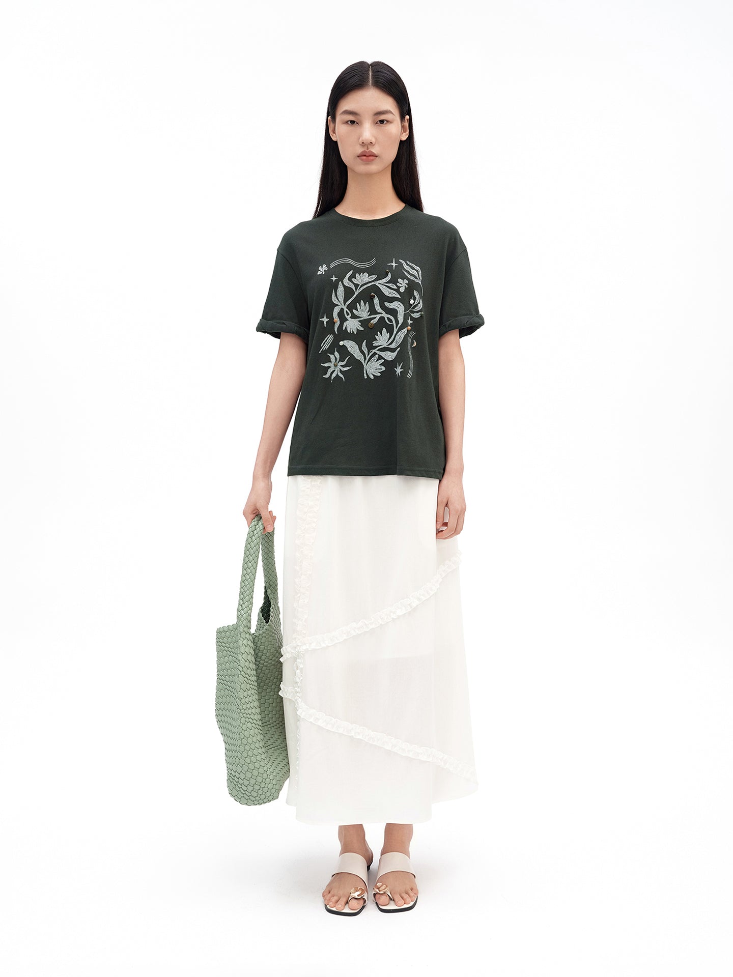 Cotton-Blend T-Shirt with Button and Floral Print