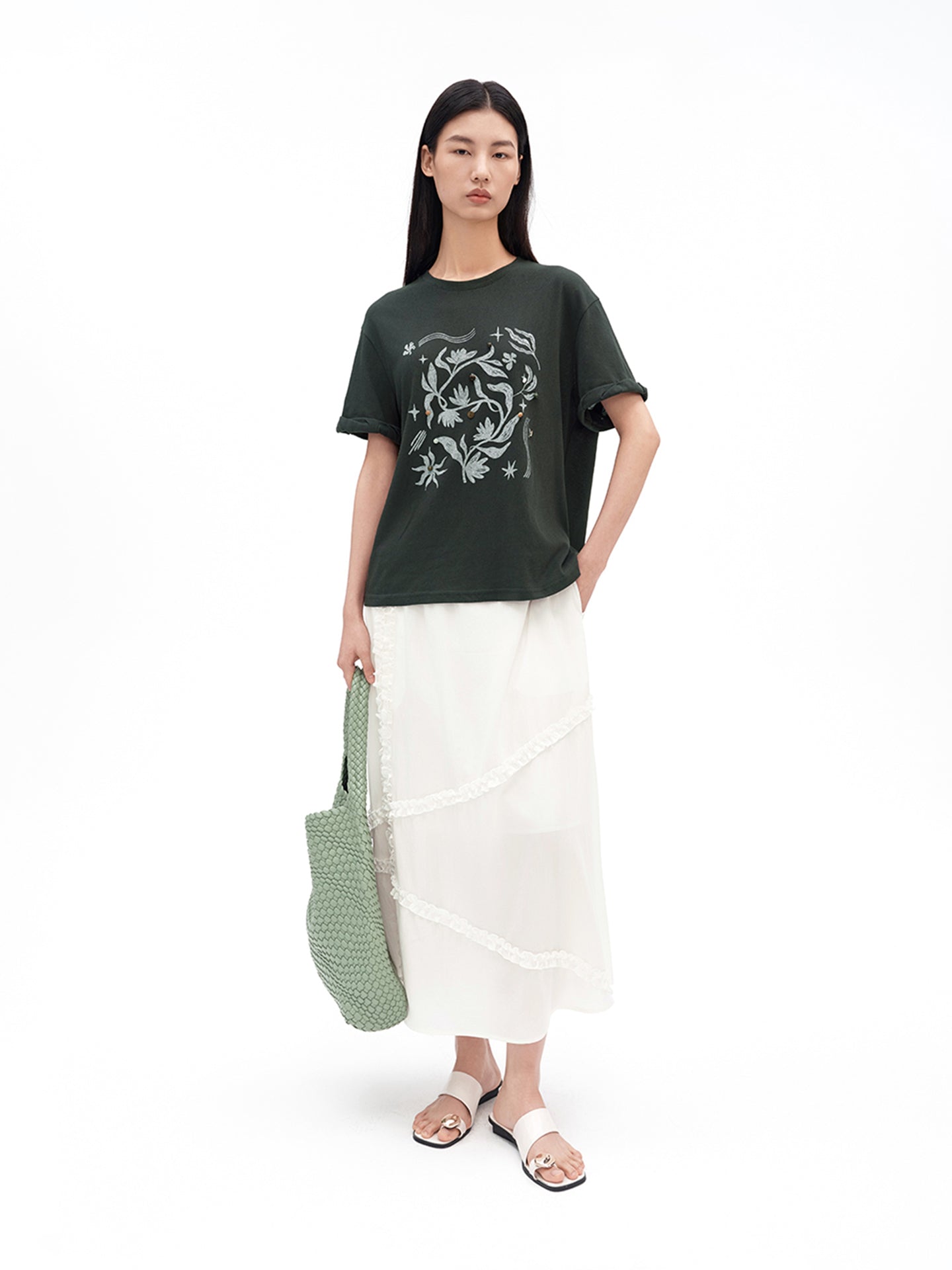 Cotton-Blend T-Shirt with Button and Floral Print