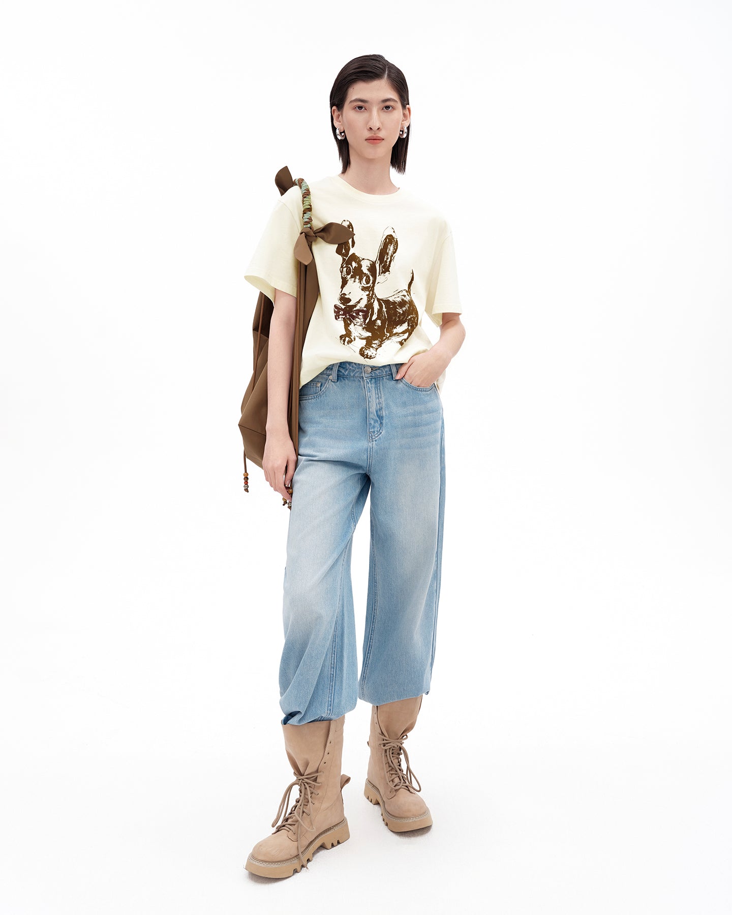 Pure Cotton T-Shirt with Dachshund Puppy Pattern