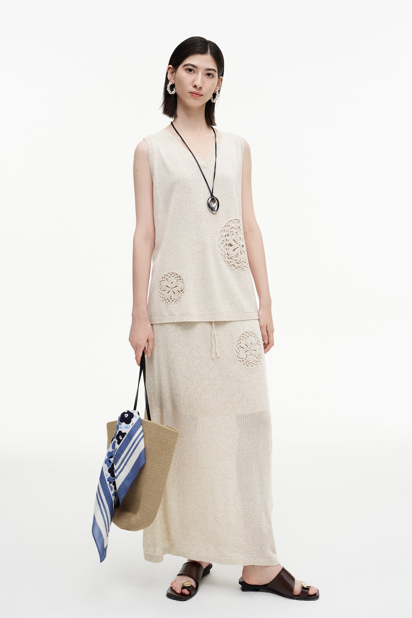SELFWHO Meconopsis series linen hollow vest + straight skirt set