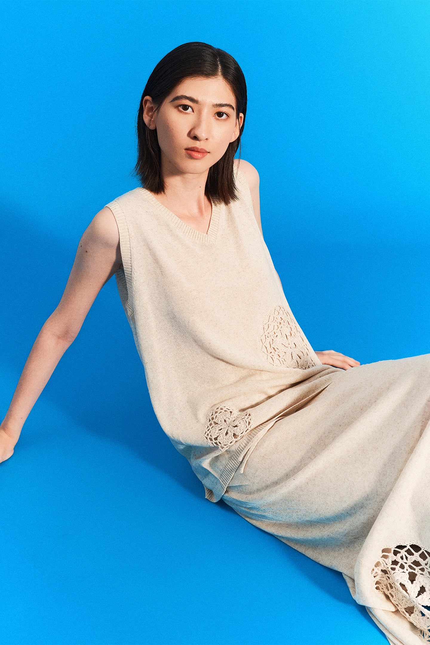 SELFWHO Meconopsis series linen hollow vest + straight skirt set