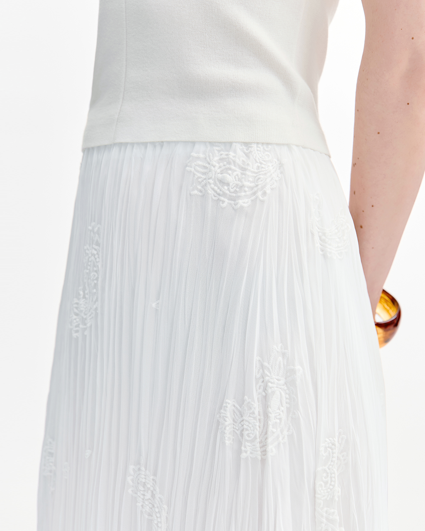 Embroidered Pleated A-Line Skirt – Elastic Waist