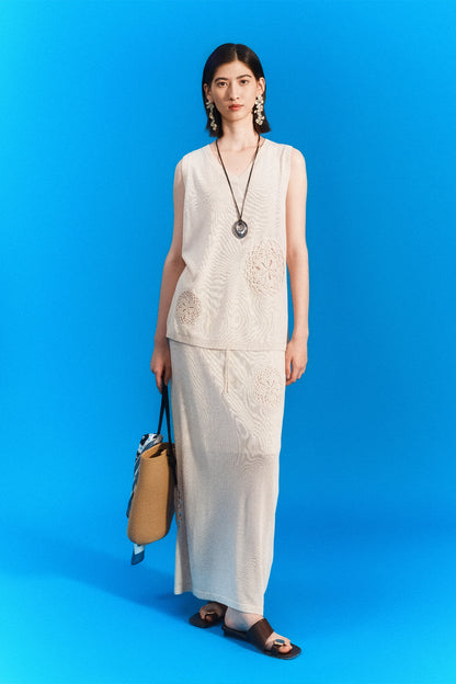 SELFWHO Meconopsis series linen hollow vest + straight skirt set