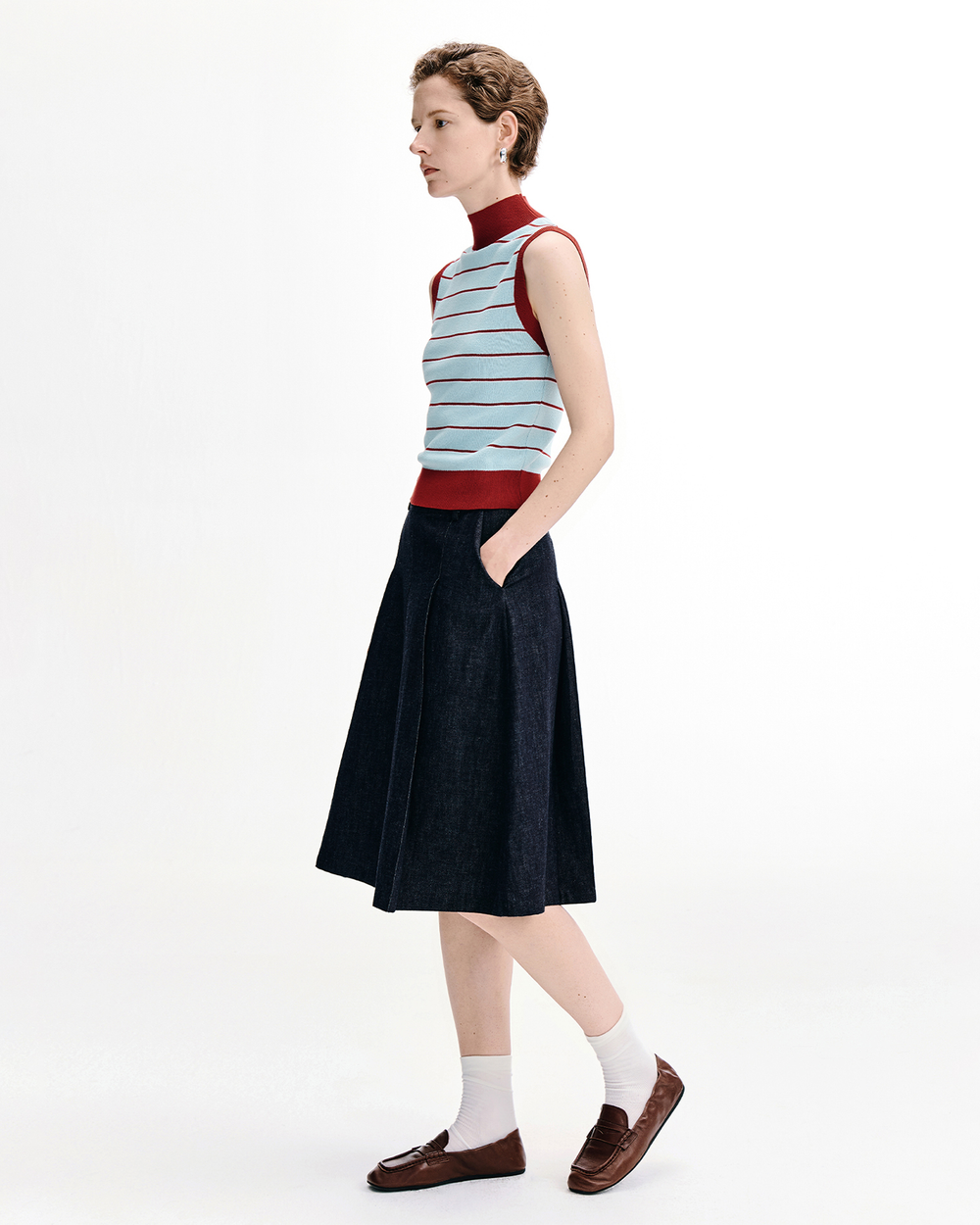 Lyocell-Linen Blend Contrast-Stripe Knitted Sleeveless Top