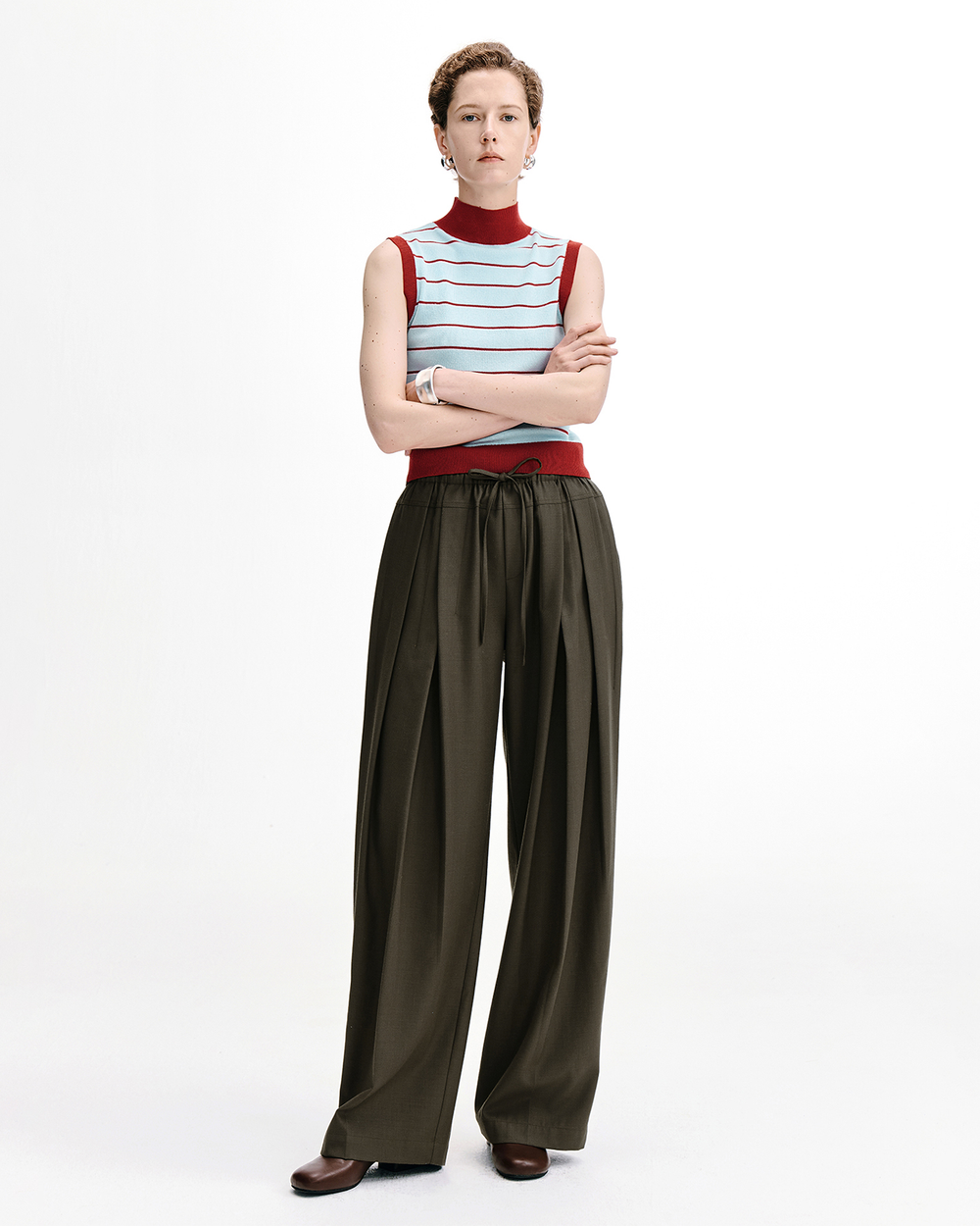 Lyocell-Linen Blend Contrast-Stripe Knitted Sleeveless Top