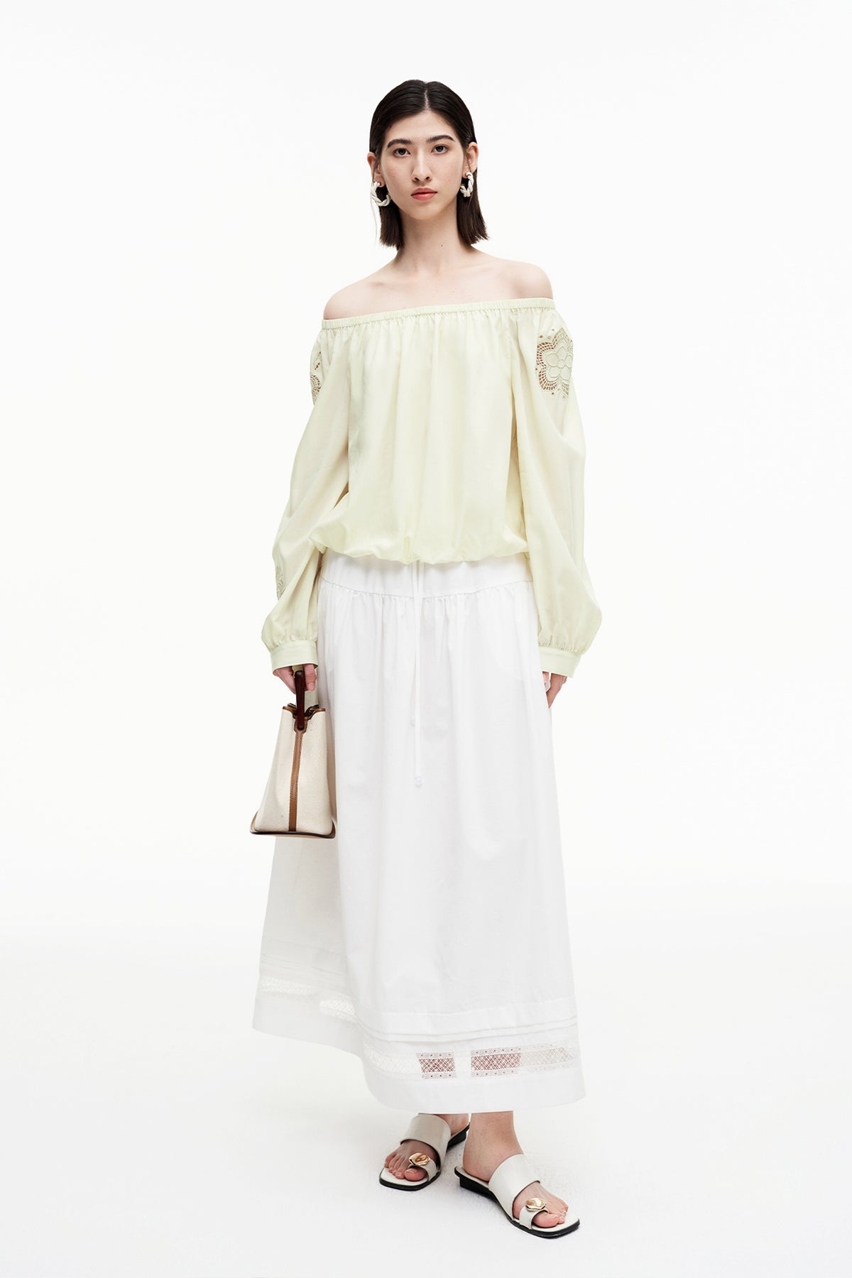 Lyocell hollow embroidery one-shoulder collar shirt