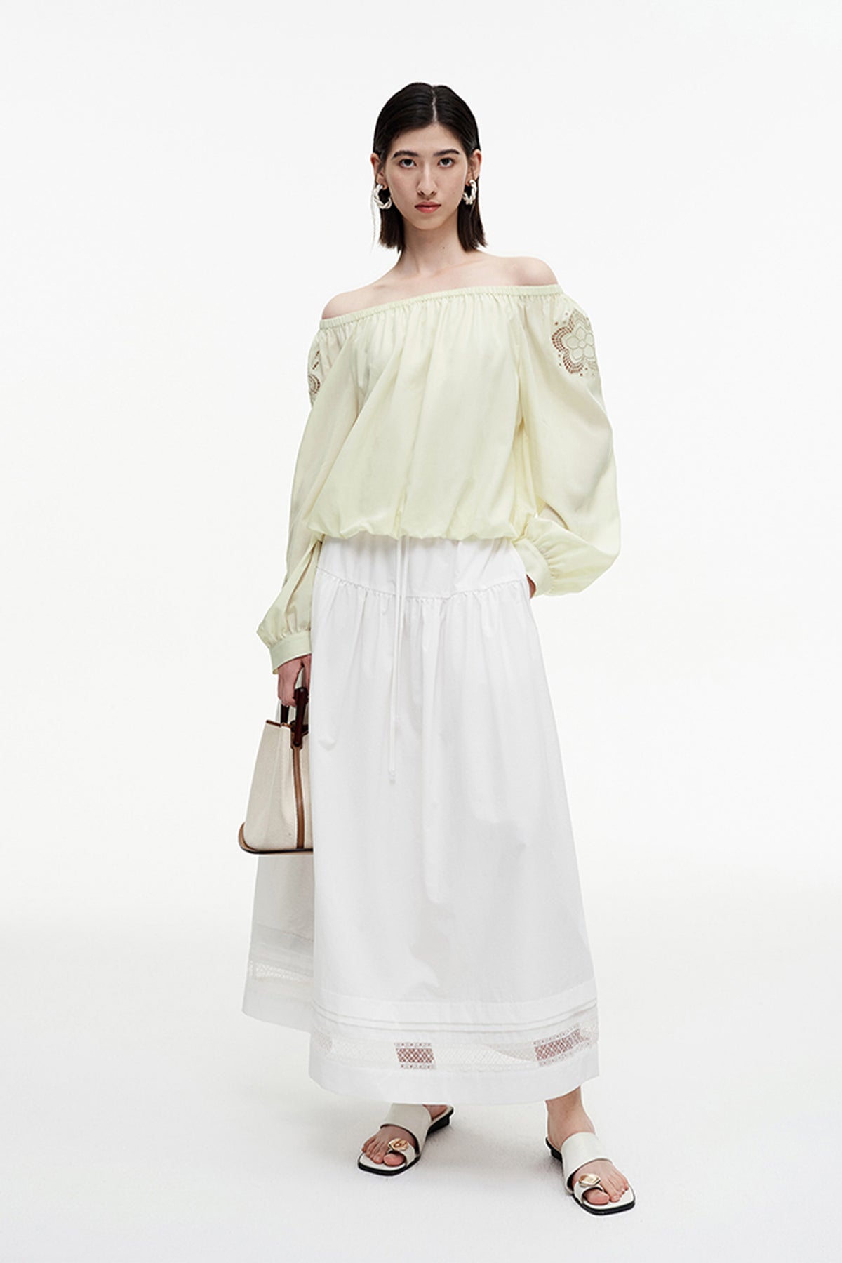 Lyocell hollow embroidery one-shoulder collar shirt