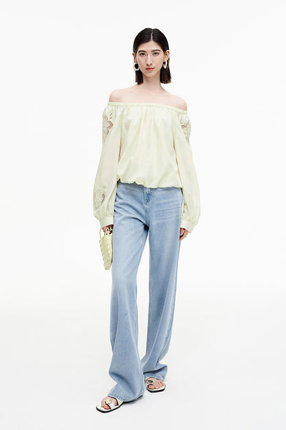 SELFWHO Meconopsis series Lyocell hollow embroidery one-shoulder collar shirt