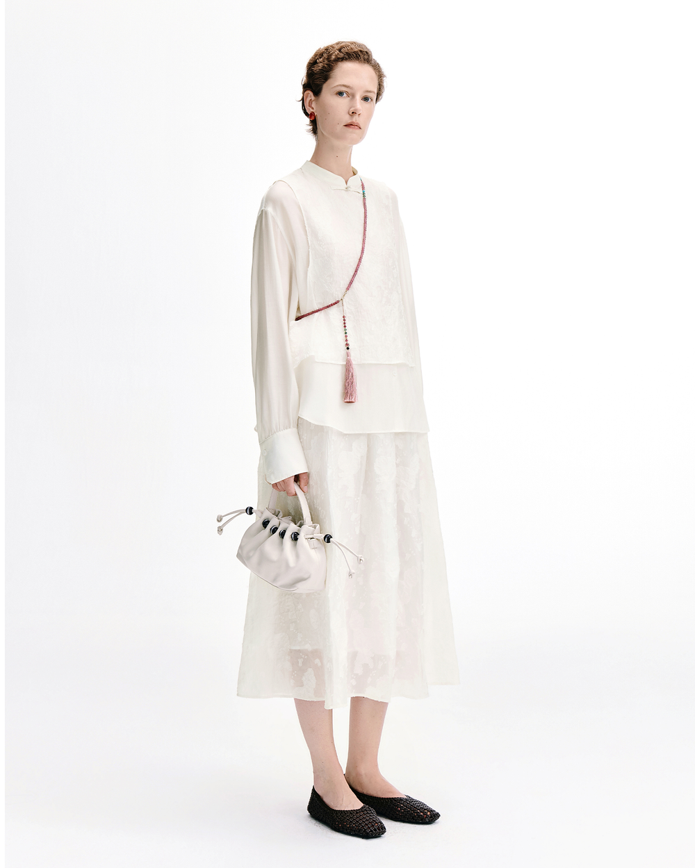 Rose Jacquard Mandarin Collar Three-Piece Set – Top, Shorts & Maxi Skirt