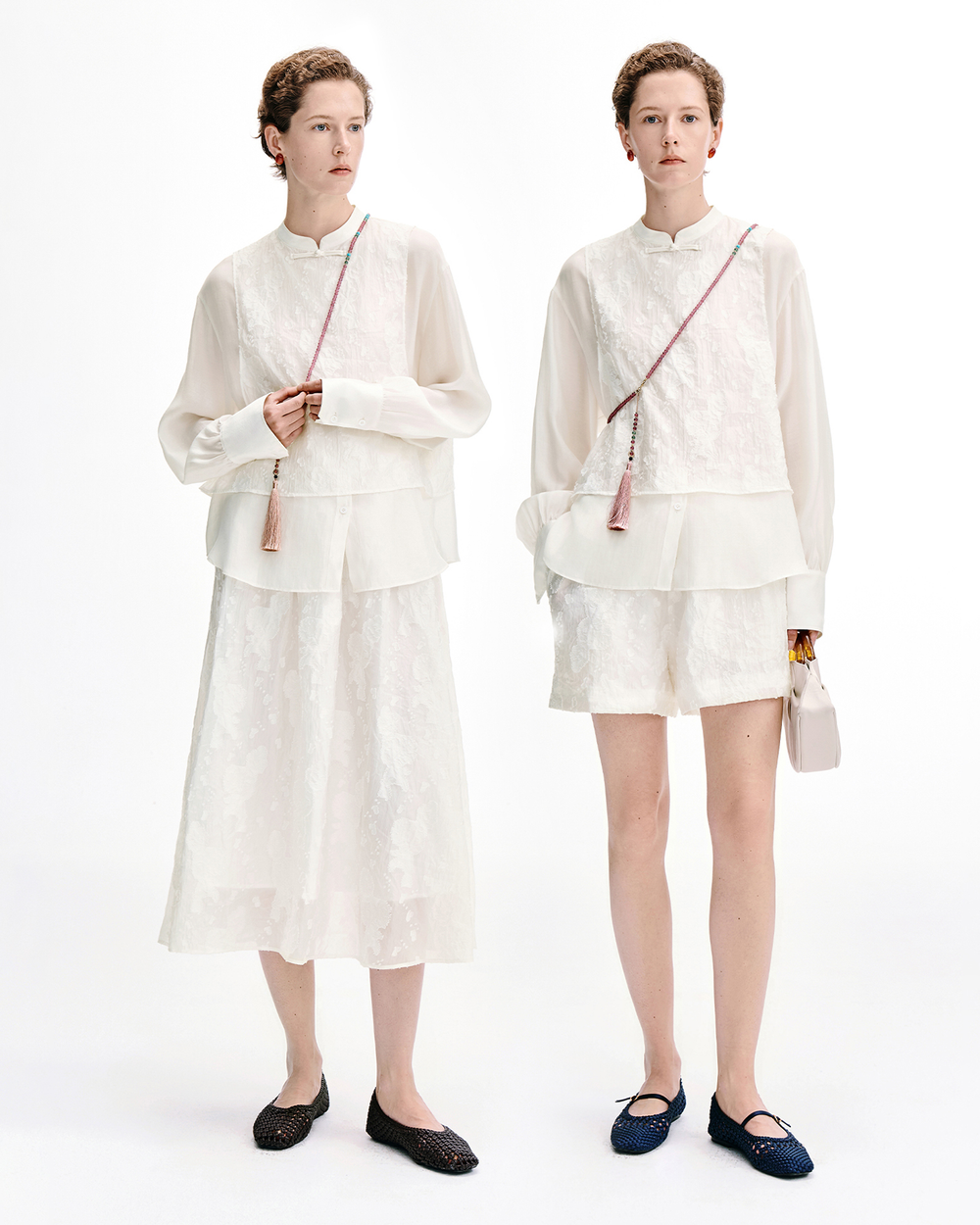 Rose Jacquard Mandarin Collar Three-Piece Set – Top, Shorts & Maxi Skirt