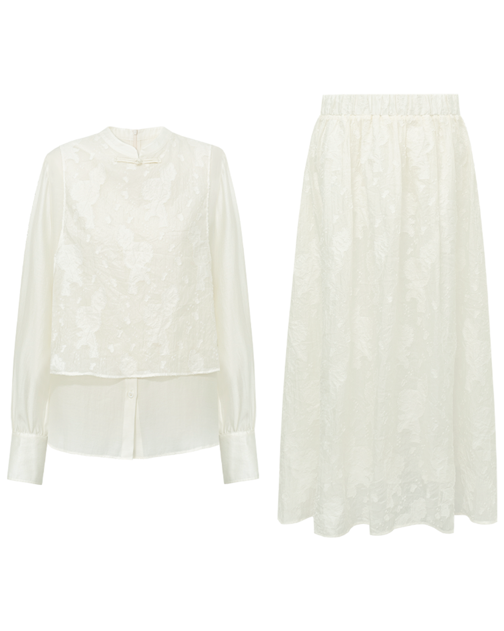 Rose Jacquard Mandarin Collar Three-Piece Set – Top, Shorts & Maxi Skirt