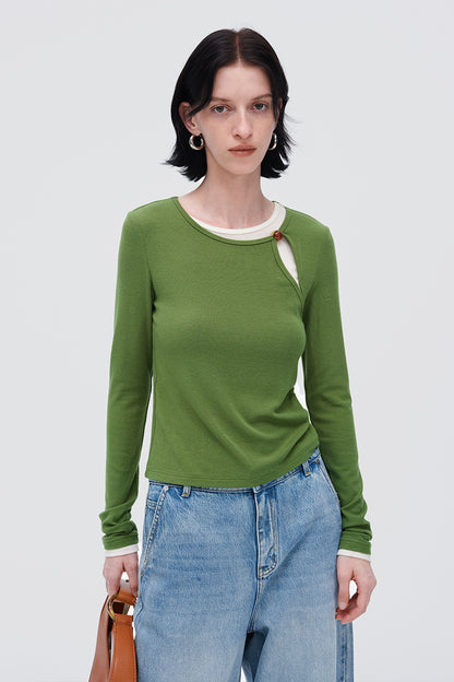 Elastic Loose Versatile Long-Sleeved Fake Two-Piece Bottoming Shirt Top