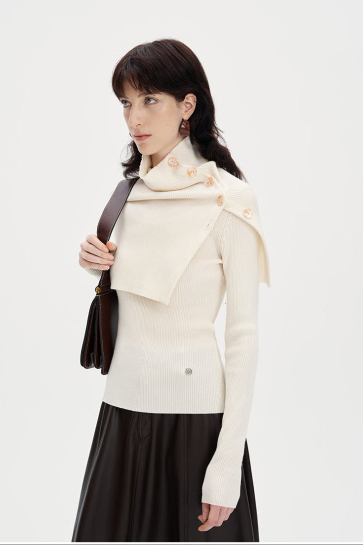 Sheep Wool Blend Knitted Long Sleeve Slim Fit Cape Top