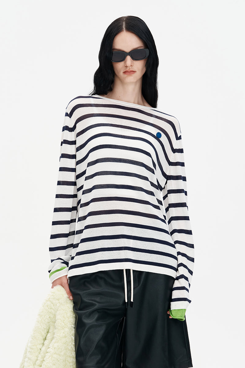 Wool Blended Contrast Striped Knitted Long-Sleeved T-shirt