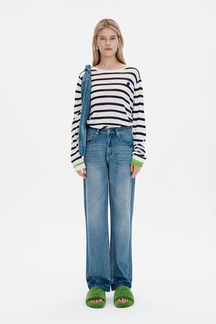 Wool Blended Contrast Striped Knitted Long-Sleeved T-shirt